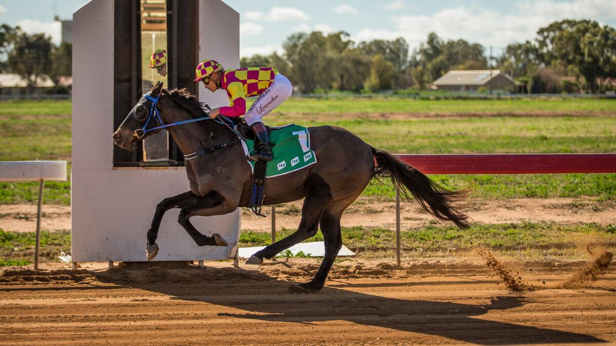 Brazillian jockey Leandro Ribeiro rides the Rodney Robb trained Mendosa Kiss over the line in race one at Nyngan at the weekend, his first professional ride in 13 years.