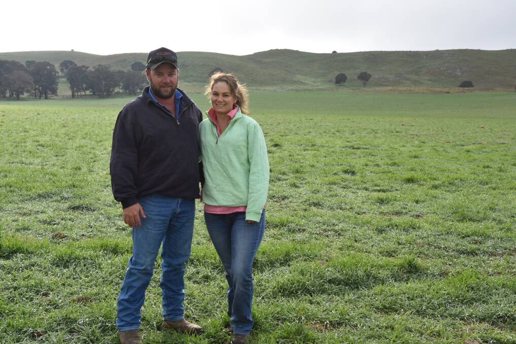 Lee Matthews and wife Stacey on Vale View in their paddock of Tobruk triticale that has recovered from red-legged earth mite attack.