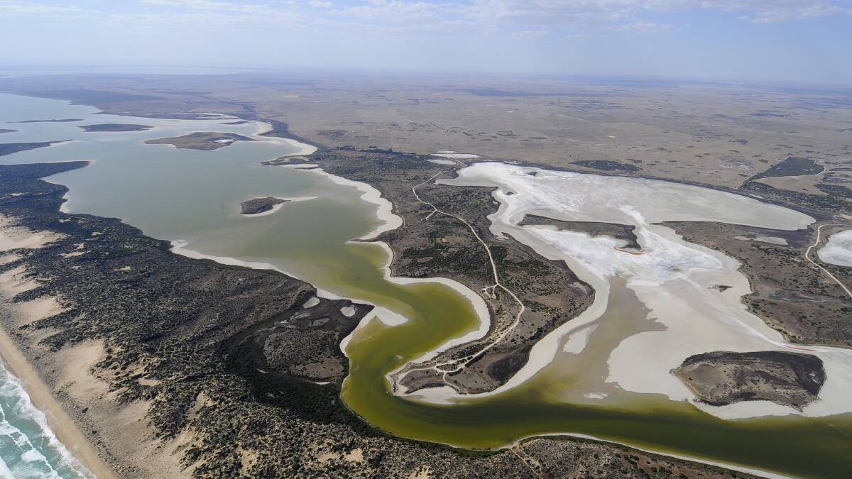 An aerial view of the choke between the North and South Lagoons in the Coorong after a prolonged dry spell in March 2008. Photo: David Mariuz