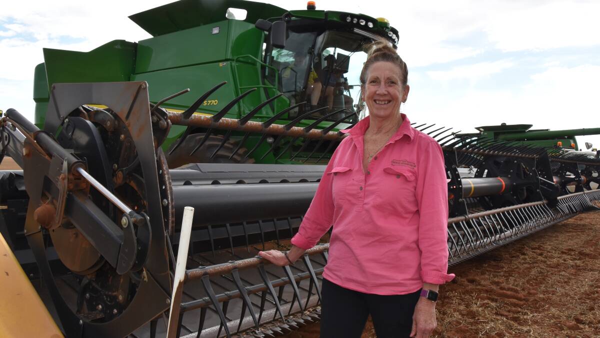 Diane Gray with one of the headers at the edge of a block of Sturt field peas.