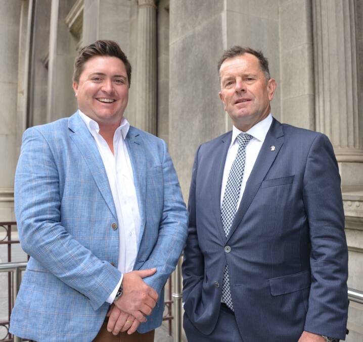 GPSA chairman Wade Dabinett with Primary Industries Minister Tim Whetstone at Parliament House today, where they announced a bill would be introduced to remove the GM crop moratorium on mainland SA.