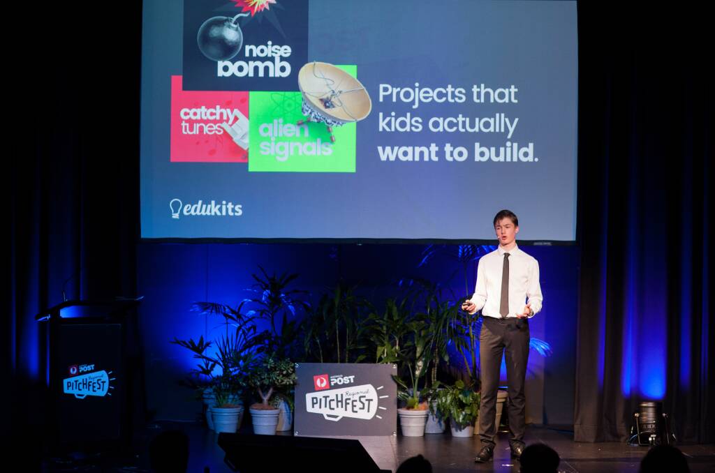 Wagga Wagga student, Michael Nixon, presenting his pitch for The Amazing Annoyatron which won him first place and $5,000 at the NSW final of the Australia post Regional Pitchfest in Dubbo on 5 July. The national finals will be held in Wagga Wagga on 18 August. Photo supplied.