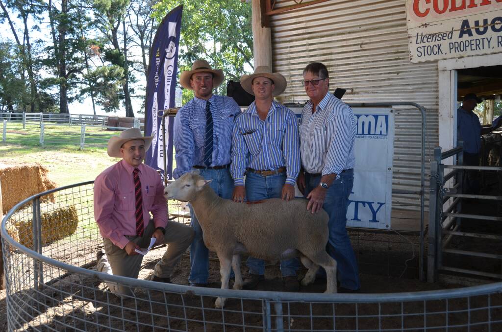 Lincoln McKinlay of Elders, Shad Bailey from Colin Say and Co, Nick Say of Yasloc and buyer of the top priced ram, Roy Robertson.