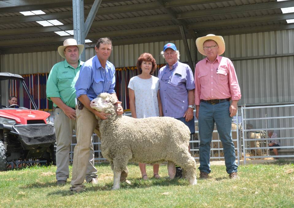 Nutrien agent Brad Wilson, vendor Des Carlon, buyers Malcolm and Dayle Wehr and Elders agent John Newsome with the top price ram. 
