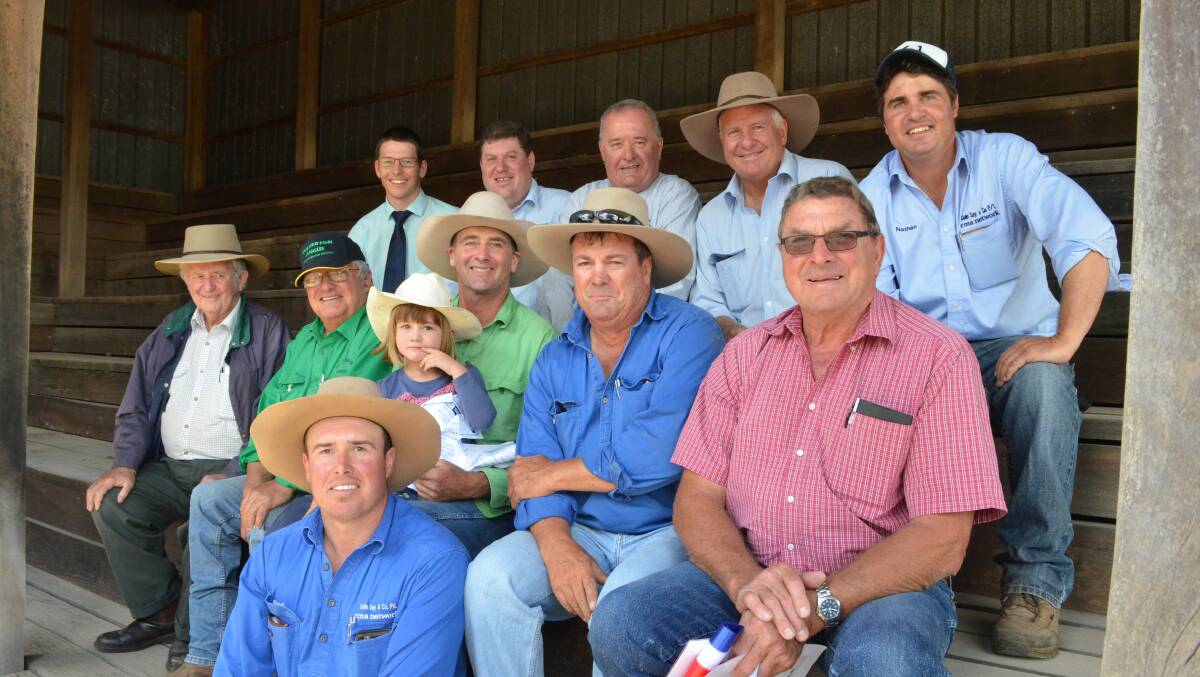 Charity Steer donors with the buyers and sale sponsors. Back Row: Crowe Horwath associates, Jason Duffell, Troy White and Max Elphick, Craig Thomas and Nathan Purvis, Colin Say and Co. Middle row: Mr McIndoe, Greg Chappel, Dulverton Angus, Dougal McIndoe and his daughter (steer donors), Andrew Say and Col McGilchrist.
Front and center: Shad Bailey, Colin Say and Co