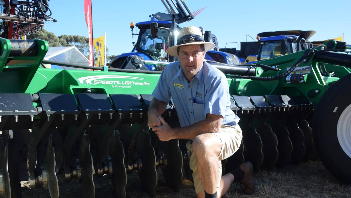 Chris Taylor, Belle-Vue Trading, Warracknabeal, with the K-Line Speedtiller at the Wimmera Machinery Field Days last week.