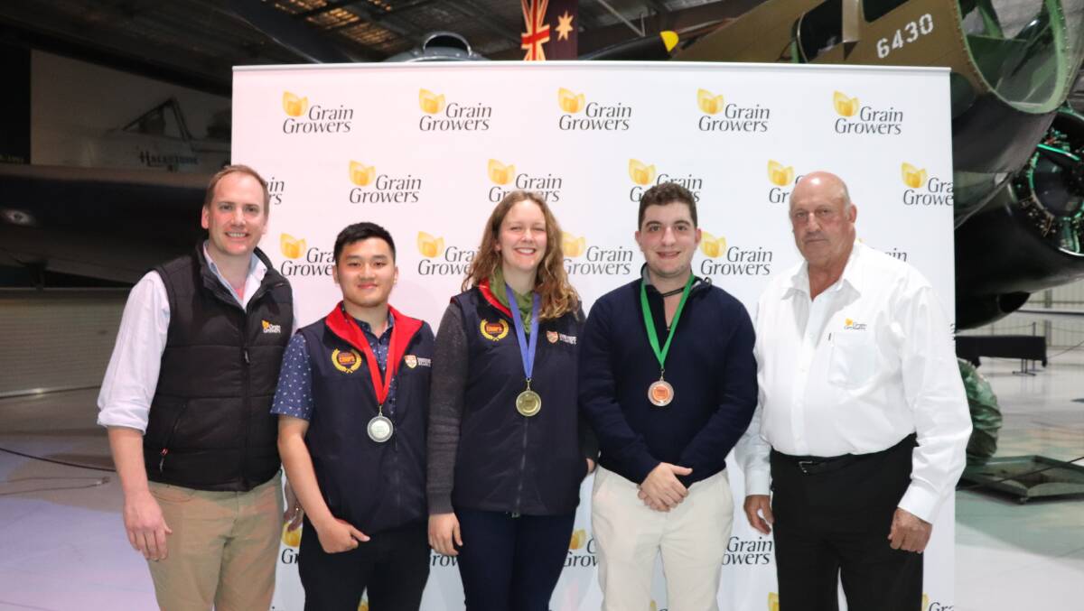 WINNERS: From left to right: Grain Growers chief executive David McKeon, seconnd place winner in the Australian Universities Crops Competition Jeremy Prananto, first place winner Annie Rayner, third place winner Jono Moore and Grain Growers chairman John Eastburn. 
