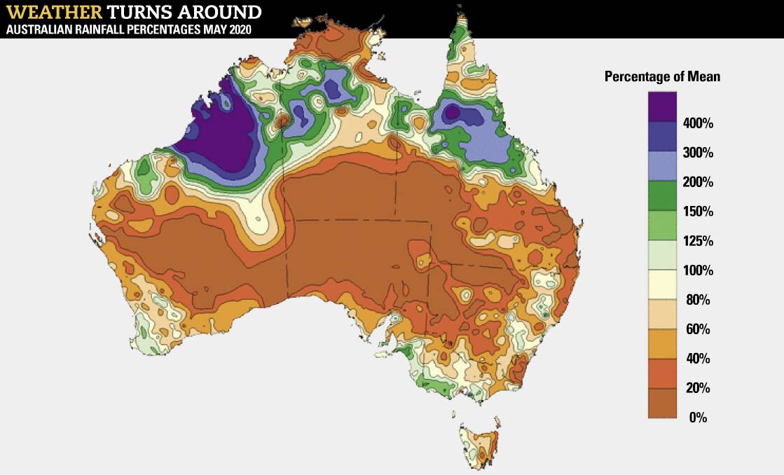 The BOM's May rainfall figures show that large tracts of the country were below average for the month, after a promising start to the year.
