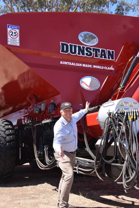 Dunstan Farmers sales director Craig Miller with the 60 tonne chaser bin that attracted significant interest at this month's Wimmera Machinery Field Days.