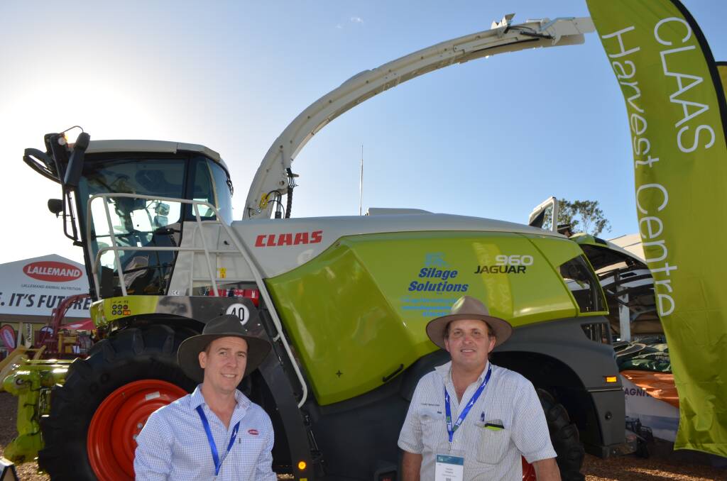 Ben Morgensen, Lallemand, and Damian Heagney, Claas Dalby, with the Class Jaguar 960, 650hp forage harvester which can throughput 280 tons of silage per hour.