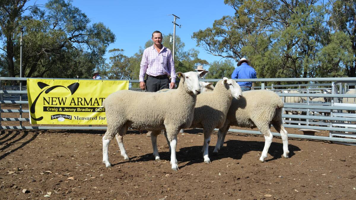 Buyer of the $2600 top-priced ram, David Greig, Bellevue, Tottenham, with three of the five rams he bought.