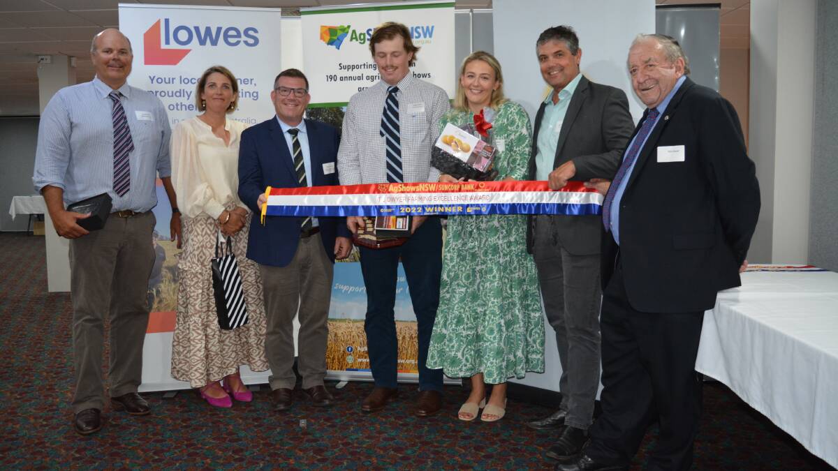 David and Bronwyn Smith, Croppa Creek, NSW Minister for Agriculture Dugald Saunders, Charlie Scott and Sophie Willmott, of Croppa Creek, Ivan Truscott, Suncorp Dubbo, and Tom Dwyer, Forbes, during the awarding of the T.J. Dwyer farming excellence award.