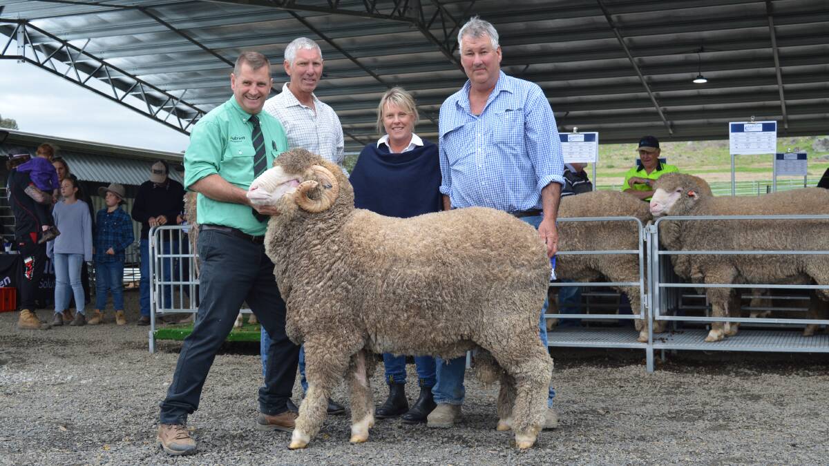 Rick Power, Nutrien Stud Stock, Boorowa, Ian and Camilla Shippen, Moulamein, Richard Chalker, Lach River Merinos, Darbys Falls, and the Shippen's $32,000 top-priced purchase.