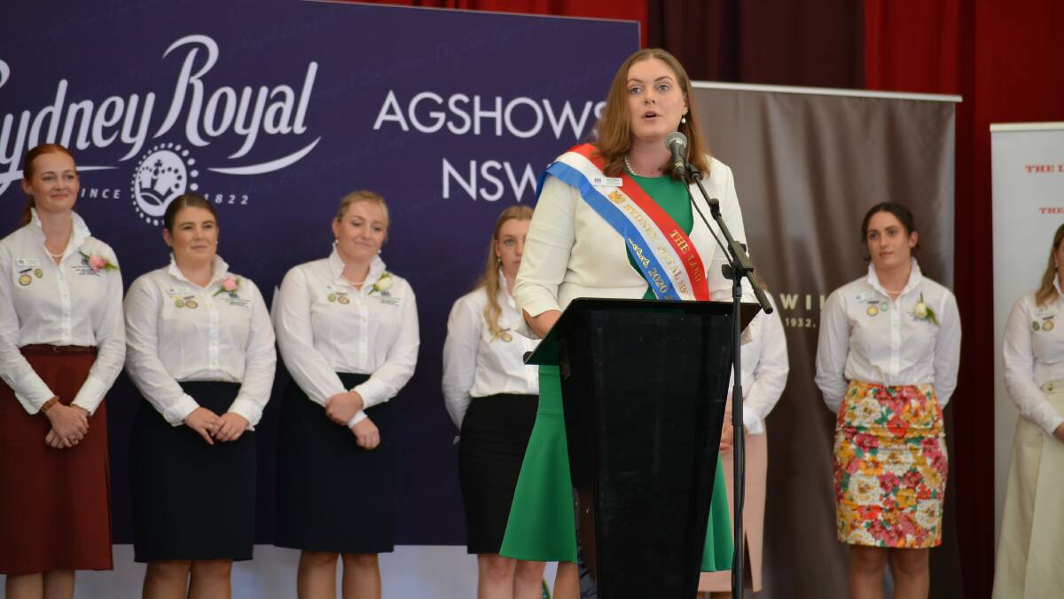 The 2020 The Land Sydney Royal Showgirl, Jessica Neale, Cootamundra, during her final speech, moments before the inaugural Young Woman winner was announced. 