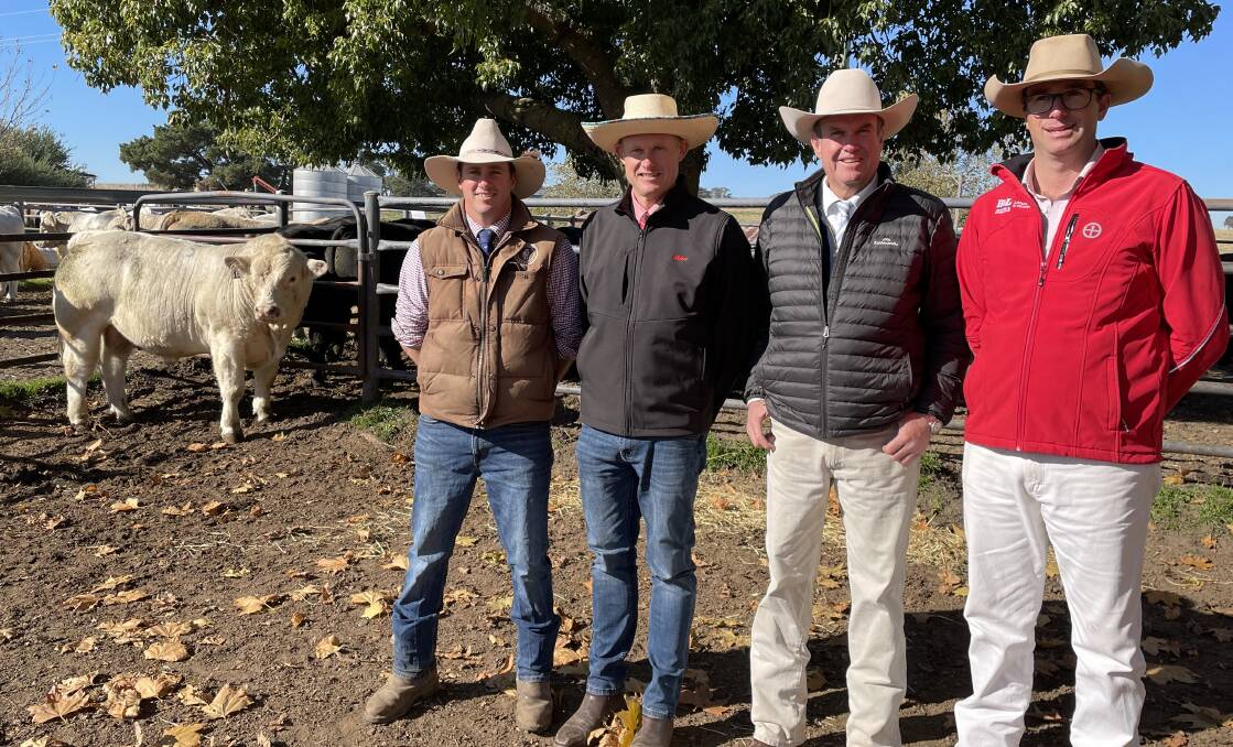 James Millner, Rosedale Charolais, Blayney, with Andrew Bickford, Elders Bathurst, Paul Dooley, Tamworth, and Todd Clements, Bowyer and Livermore, Bathurst. Photo: Andrew Norris
