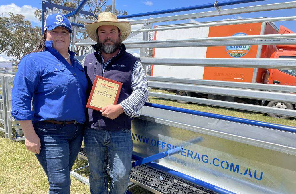 Andrea Brosnan and David Hicks, Offsider Ag, Killarney, Qld, with the 2023 The Land Machine of the Year, their Small Ruminant Bulk Handler. Picture by Andrew Norris.