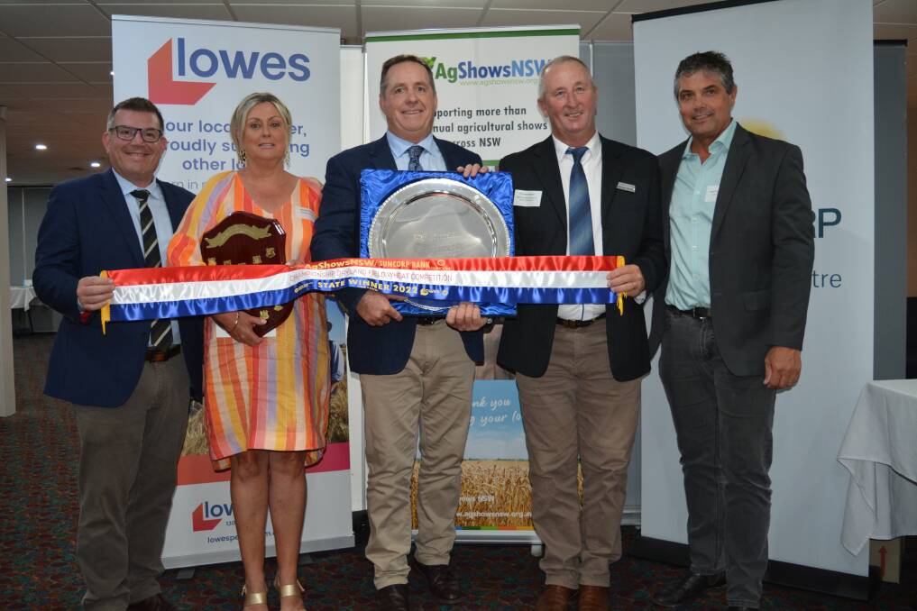 NSW Minister for Agriculture Dugald Saunders with the state winners for the second year running, Mandy and Rob Taylor, Greenethorpe, Brendan Munn, Lowes Petroleum, and Suncorp relationships manager, Ivan Truscott, Dubbo.