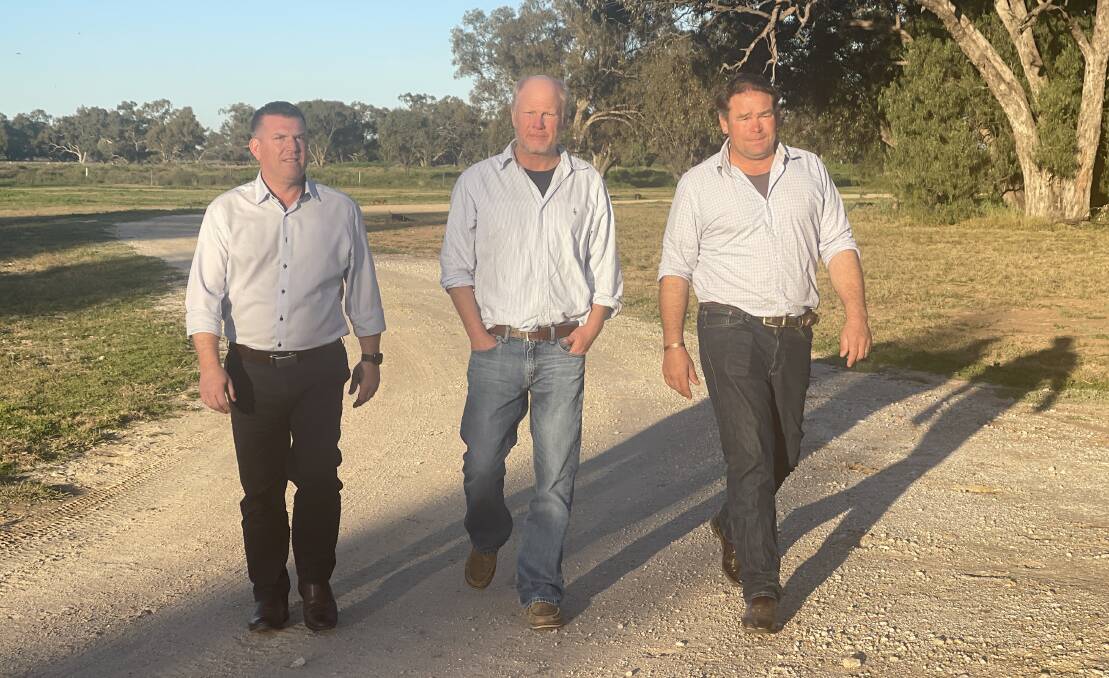 NSW Minister for Agriculture Dugald Saunders, grazier Glen Johnstone, Coonamble, and John Kater, Warren, discuss the ins and outs of the Local Land Services' new preparedness program. Photo: Supplied