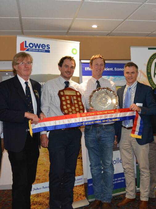 Agricultural Societies Council of NSW president, David Peters, with winners, brothers Tom and Ben Johnstone, Illinois Farms Pty Ltd, Cowra, and Ben Graystone, regional manager for major sponsor, Suncorp.