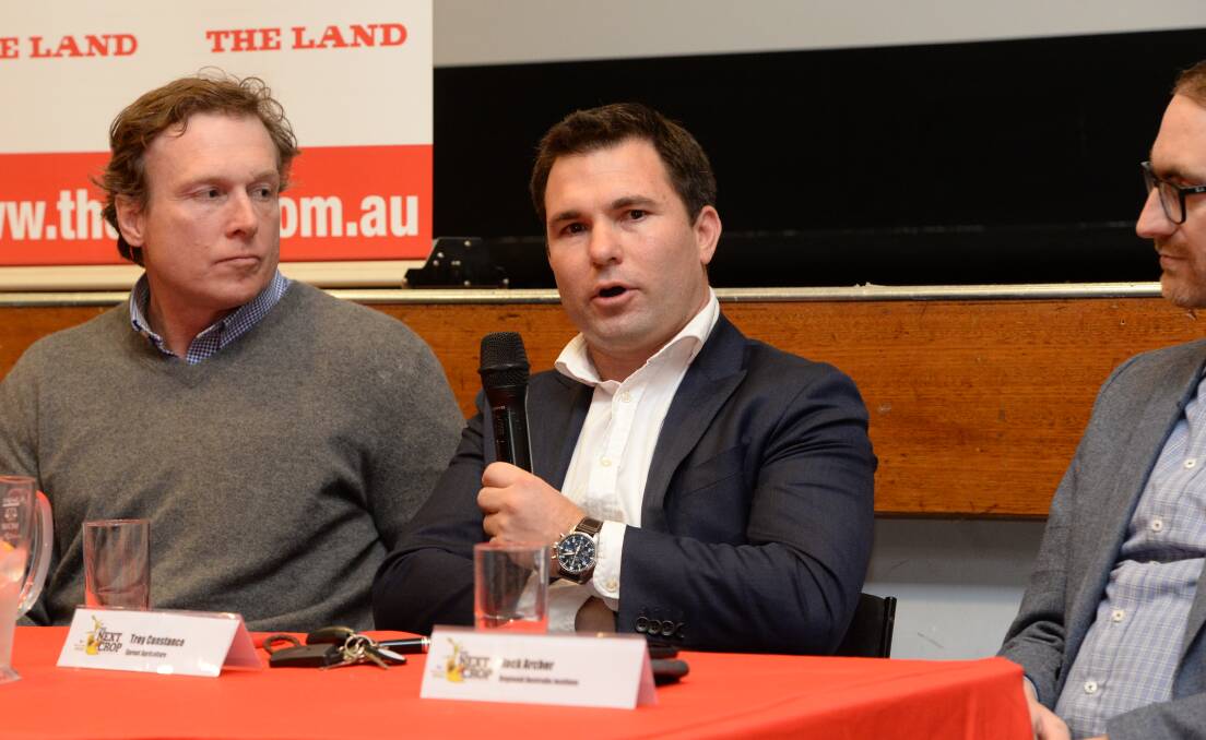 QUESTION: Troy Constance, of SproutAg, Yass, pictured with Sam Burton-Taylor, Boorowa (left), at the Yass Next Crop forum, asks how can country towns like Yass be creating the jobs that will keep its youth in the region?