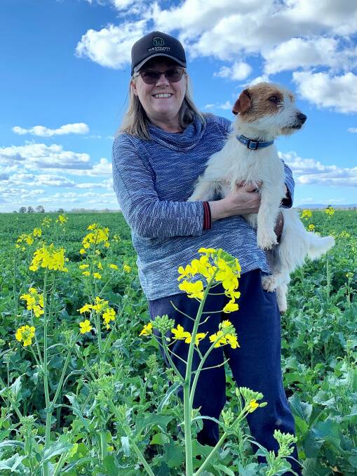 Alison Westcott and farm dog Charlie inspect the Nuseed GT-53 canola at early flowering.