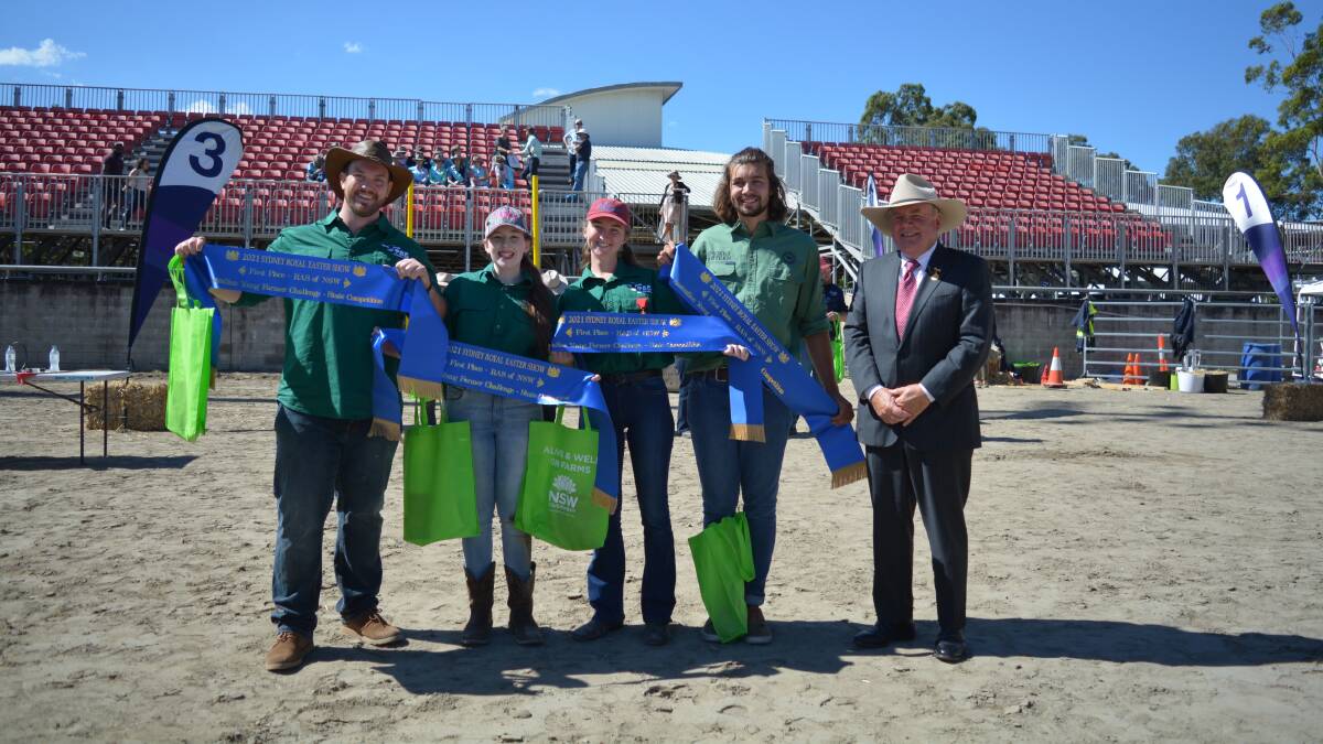 The winners: Zac Ruddock, Madelyn Hayes, Kara Edwards and Riley Tisme from the Albion Park team, with RAS of NSW president Michael Millner.
