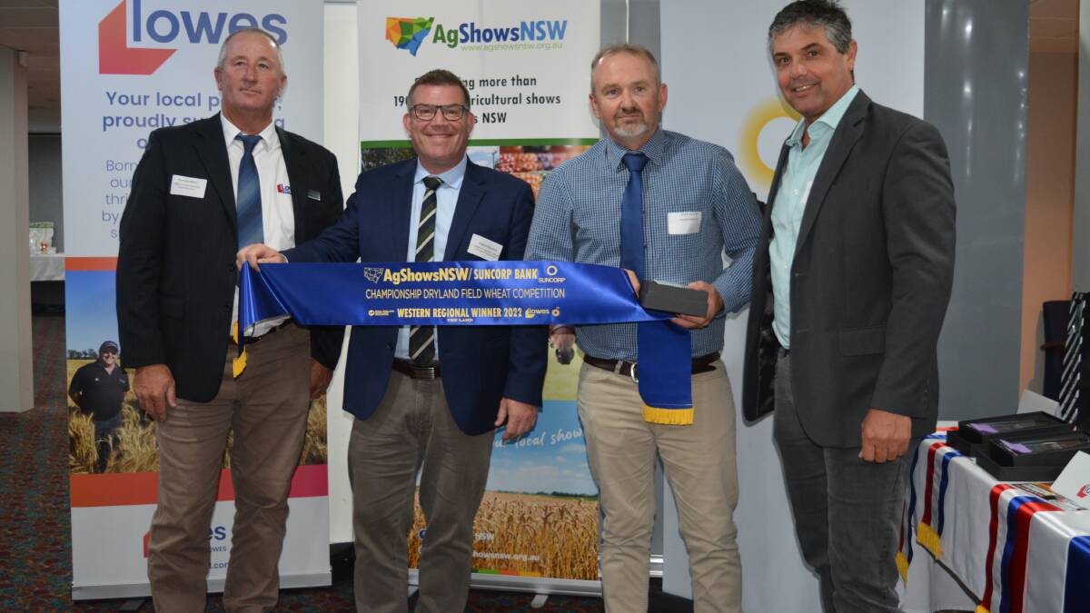 Brendan Munn of AgShows NSW and Lowes Petroleum, Minister for Agriculture Dugald Saunders, western region winner, Brent Kerrisk, Ganmain, and Ivan Truscott of Suncorp.