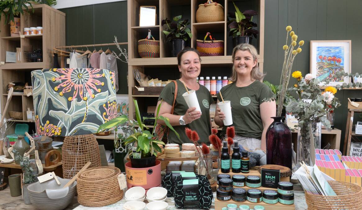 Left: Sarah Wickman and Georgie Currey, at Petals and Seeds, Walgett. Photo: Rachael Webb and (at bottom) a Walgett design bowl in their shop.