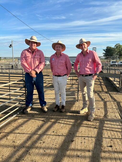 Elders livestock manager, Rod Evans, Griffith, Mark Flagg, Barellan, and state operations manager Victoria/Riverina, Sam Whiting. Photo by Elders.