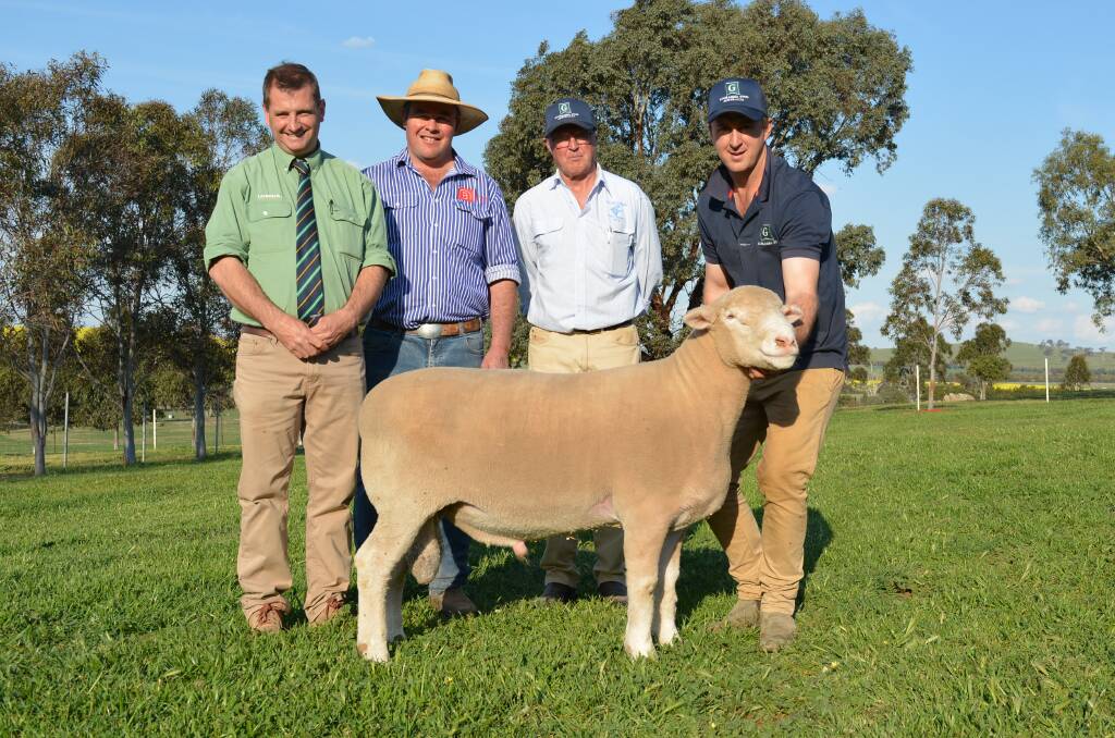 Agents Rick Power, Landmark Boorowa, and Lachlan Bassingthwaite, Bassingthwaite Livestock and Property Marketing, Cootamundra, with James Corcoran Snr and James Corcoran Jnr, Gooramma stud, Galong, and the $10,000 top-priced ram.