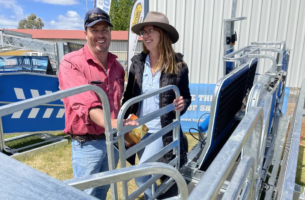 Luke and Ruth Mullins, Koorawatha, used the field days to look at equipment that qualified for the NSW Sheep and Goat eID Rebate Scheme. Picture by Andrew Norris.