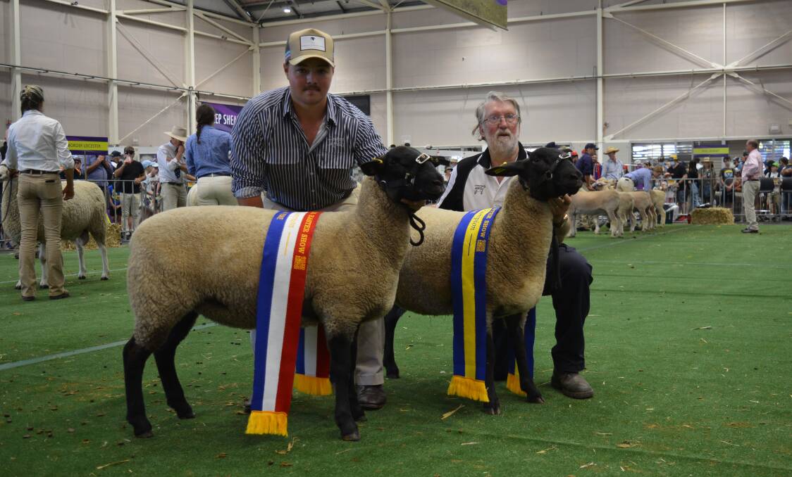 Reece Webster, Lindean, Bathurst, with his grand champion ewe, and his grandfather, Ross Wilson, Cotties Run, Bathurst, with Lindean's reserve ewe.