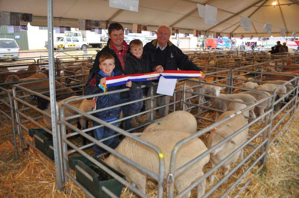Nick and Matt Mason, Spicers Creek, with Matt's sons Finley, 11, and Geordie, 4, and their champion pen.