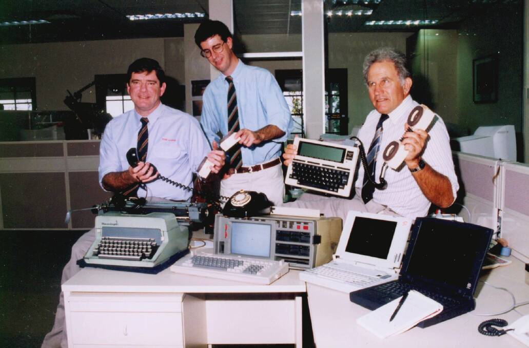 COMPUTER REVOLUTION: Back in 1998 The Land's John Dwyer, Andrew Marshall and Don Jones inspect some of the new breed of computers which replaced  typewriters.   