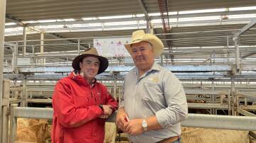 SALE-O: Elders Albury, NSW, livestock manager Brett Shea and vendor Andy Witsed, Bunroy Station, Bunroy, who sold Angus and Charolais mixed-sex calves at Wodonga at a recent NVLX market.