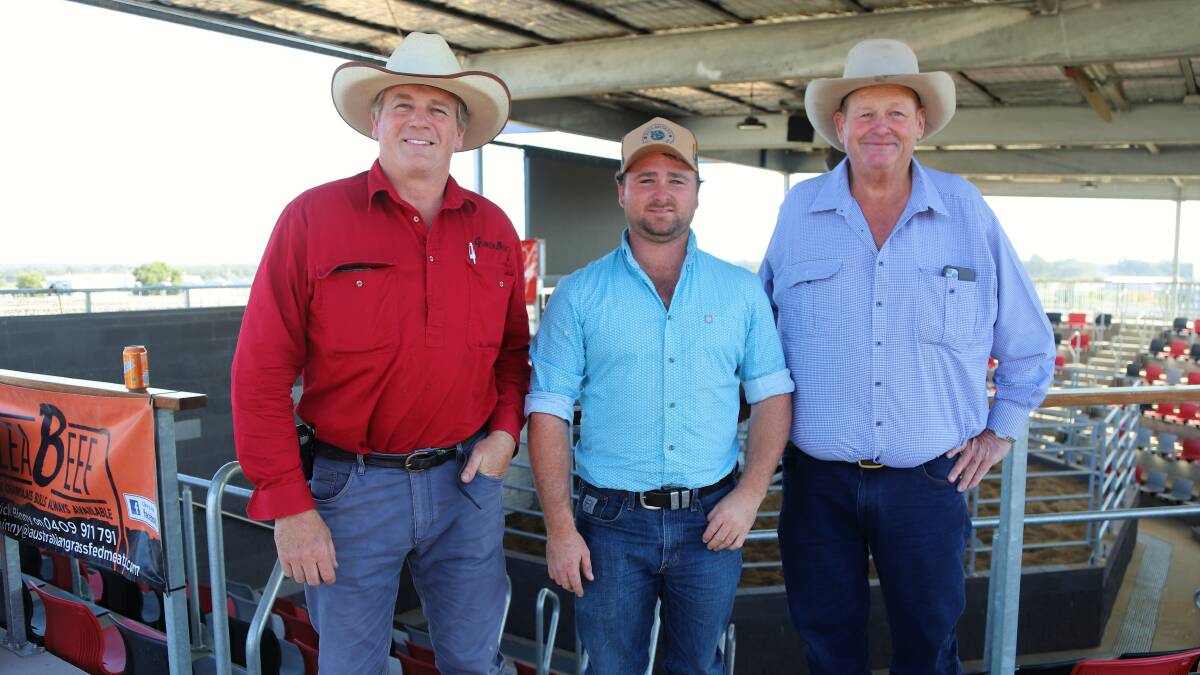 Rod Binney, Glenlea Charolais, congratulates Southlands manager Josh Vidler and owner Tom Hartley, following the sale. Picture: Sally Gall