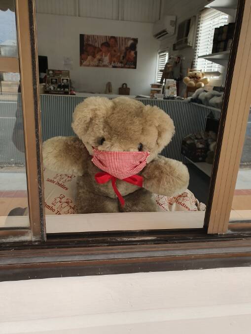 A masked-up teddy in the Tambo Teddies' shop window. Pictures supplied.