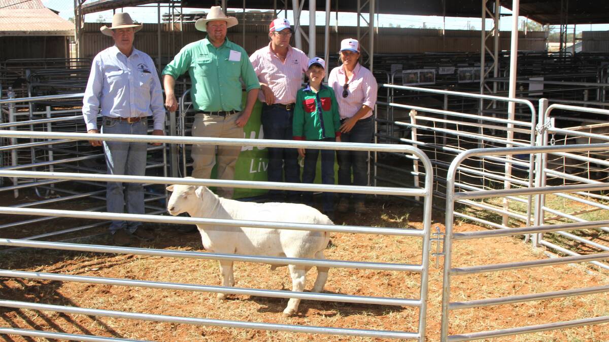 Paul Southern, representing purchaser Jeff Betts, Nutrien's Gus Foote, and vendors Justin, Jock and Lorroi Kirkby with Amarula 201593, the top price sale ram, selling for $6600.