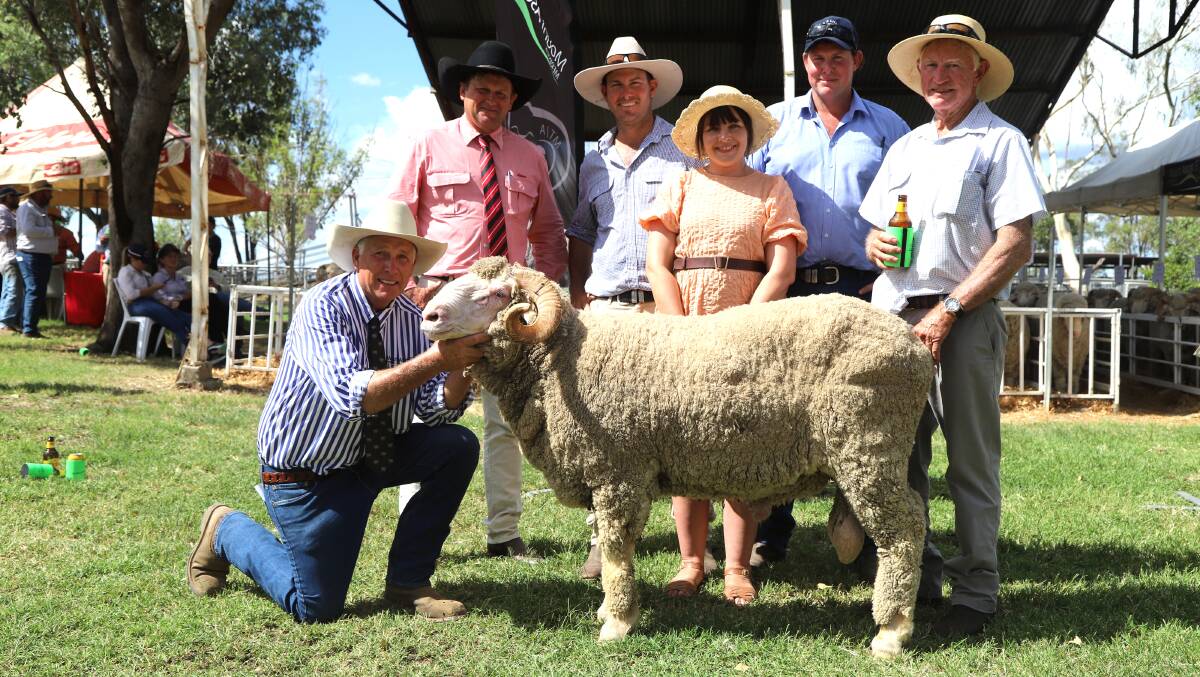 Mt Ascot stud principal Nigel Brumpton holds the top priced Merino ram, with Elders Mitchell branch manager Dave Phillips, and Aaron, Katie, Kane and Bob Little, Noorama and Hughenden. Picture: Sally Gall