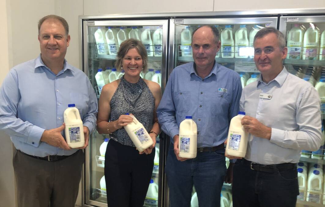 Outgoing Australian Dairy Farmers chief executive officer, David Inall, pictured in 2019 with dairy farmers Erika Chesworth, Dubbo (NSW Farmers), and Graham Forbes, Gloucester (Dairy Connect), and Woolworths managing director, Brad Branducci, when Woolworths effectively announced the end to $1 a litre milk. File picture