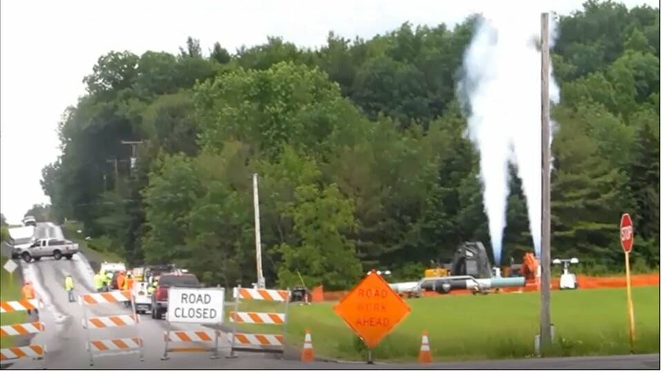 GAS BLOWDOWN: Gas blowdown for maintenance on a pipeline in Yates County, New York. While methane is invisible, the cooling caused by the blowdown condenses water vapor, leading to the obvious cloud. Picture: Jack Ossont (from Howarth 2019 Biogeosciences).
