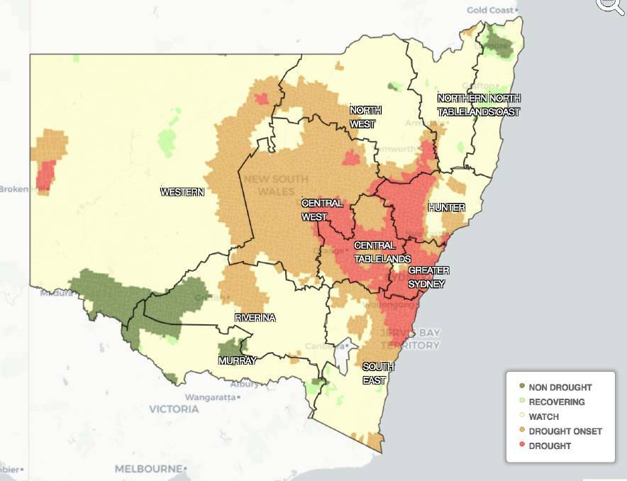 DROUGHT: In April 2018 30.5 per cent of the state was in drought or at the onset of it and 63.6 per cent was flagged as borderline. Source: NSW Combined Drought Indicator.