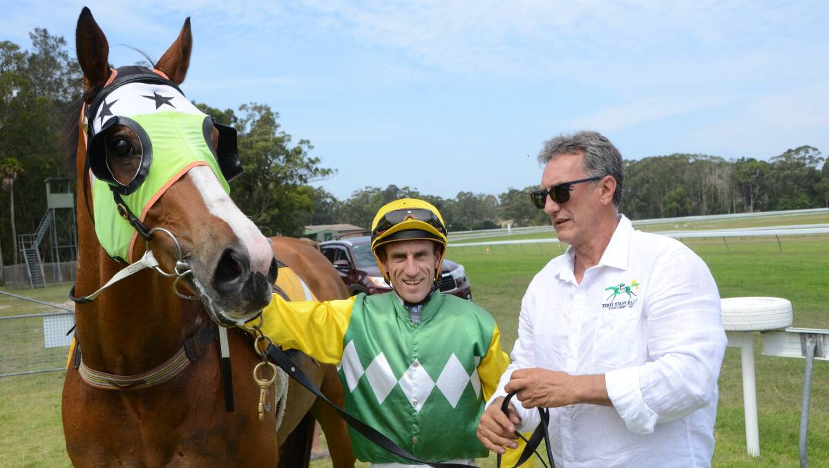 On the comeback trail the popular Tuncurry trained Arise Augustus with jockey Adrian Layt and trainer Terry Evans after the gelding’s trial during Tuncurry races.