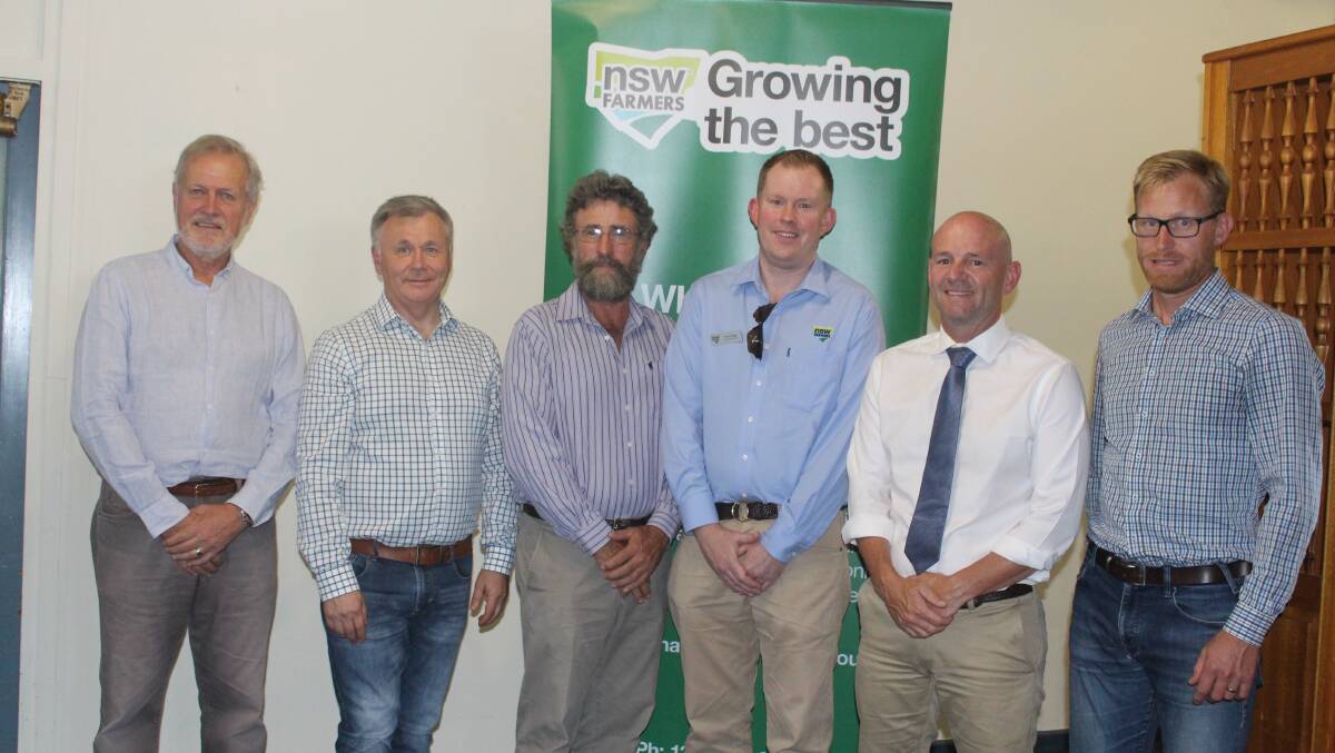 Shooters Fishers and Farmers member Robert Borsak, Shadow Primary Industries Minister Mick Veitch, James Jackson and Peter Arkle (NSW Farmers'), Primary Industries Minister Niall Blair and Justin Field from The Greens.