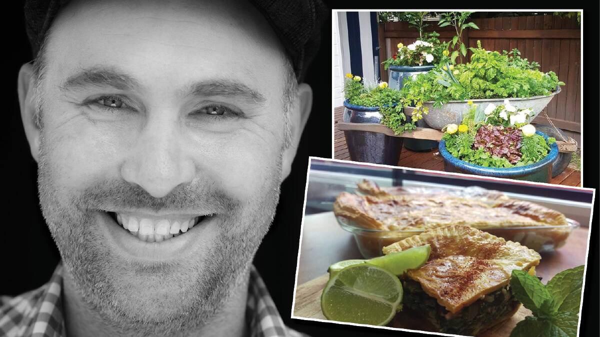 SUPPORT LOCAL: Steam & Cedar owner Dan MacDonald with (insert) part of his garden at the Gladstone NSW cafe and a delicious spinach pie. Photos supplied by Steam & Cedar.