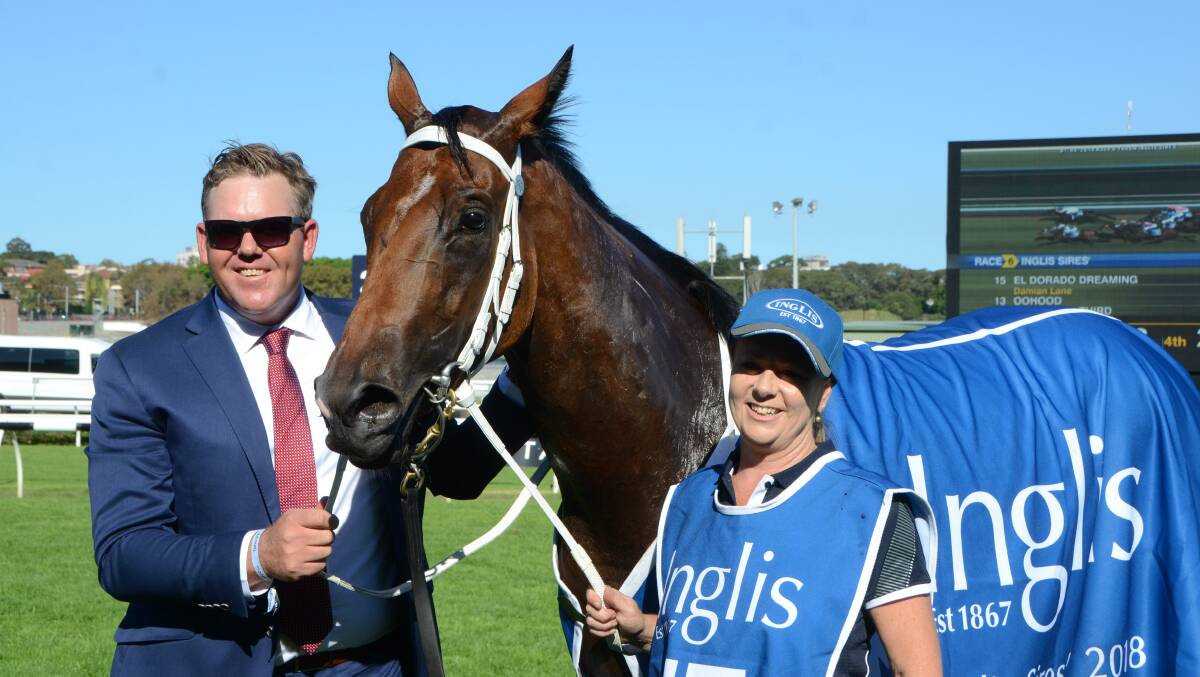 Newcastle trainer Benjamin Smith with El Dorado Dreaming and strapper Laura Scorse after win in the Inglis Sires Produce Stakes-G1.   