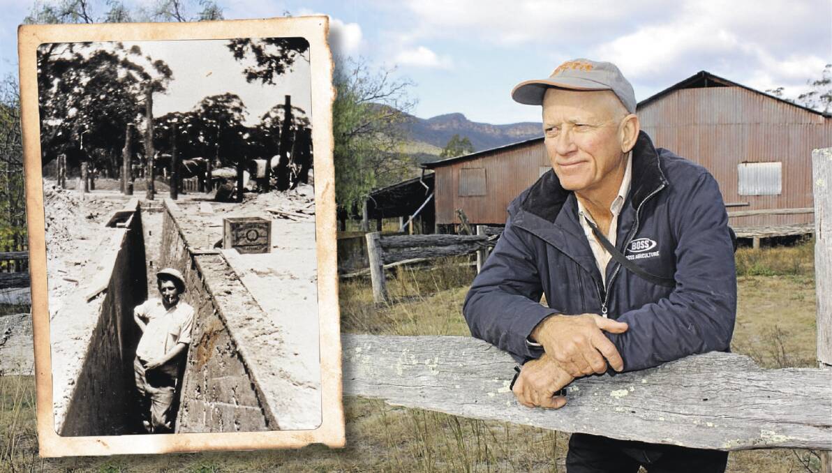 Charlie Pye of “Gingie”, Walgett, revisits the scene of his forebears’ pastoral foray into the Upper Burragorang Valley. Insert photo (Wollondilly Heritage Centre) of local worker “Nugget” Toovey during construction of the sheep dip. 