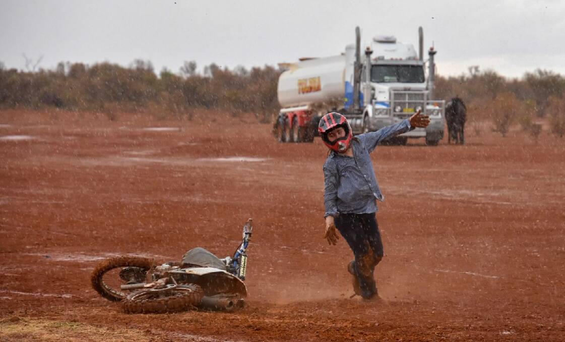 Bernie O'Connor not only celebrating his win at Packsaddle Gymkhana and Bikekhana on Sunday but also the rain that fell. While it was only 10mm, it was the first decent rainfall the region had recorded in two years. Photo by Mia Degoumois from Packsaddle Roadhouse.
