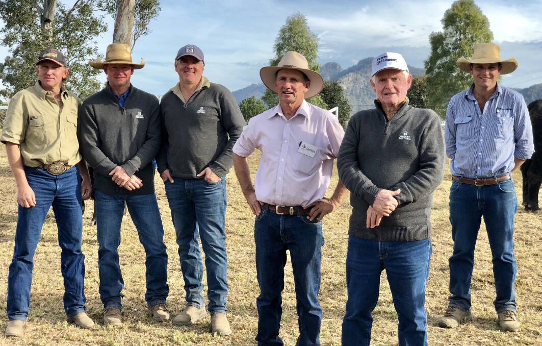 The team from Macka's Pastoral Ross Edwards, Nathan Hall, Robert Mackenzie, James Laurie, Bruce Mackenzie and Rodney McDonald.