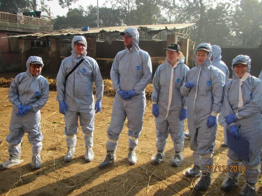 Foot and mouth disease training participants including SPA’s Will Oldfield during a visit to an infected farm in Kathmandu, Nepal.  